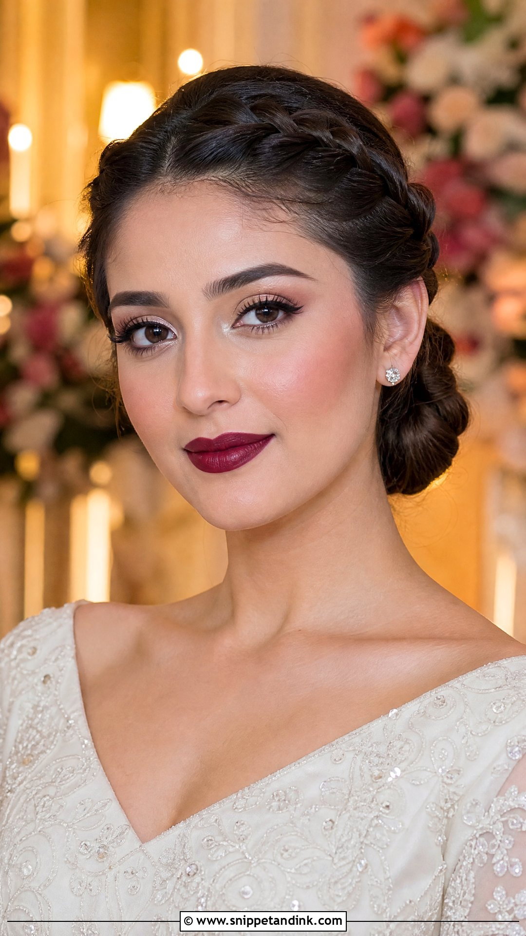 Burgundy Lip Makeup With Braided Low Bun - Snippet and Ink - 20 Braid Makeup Wedding Ideas