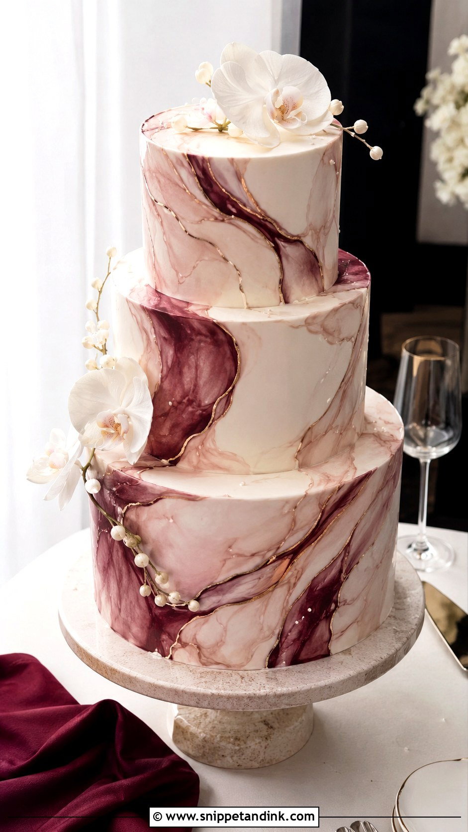 Burgundy Marble Wedding Cake - Snippet and Ink - 20 Burgundy Wedding Cake Ideas