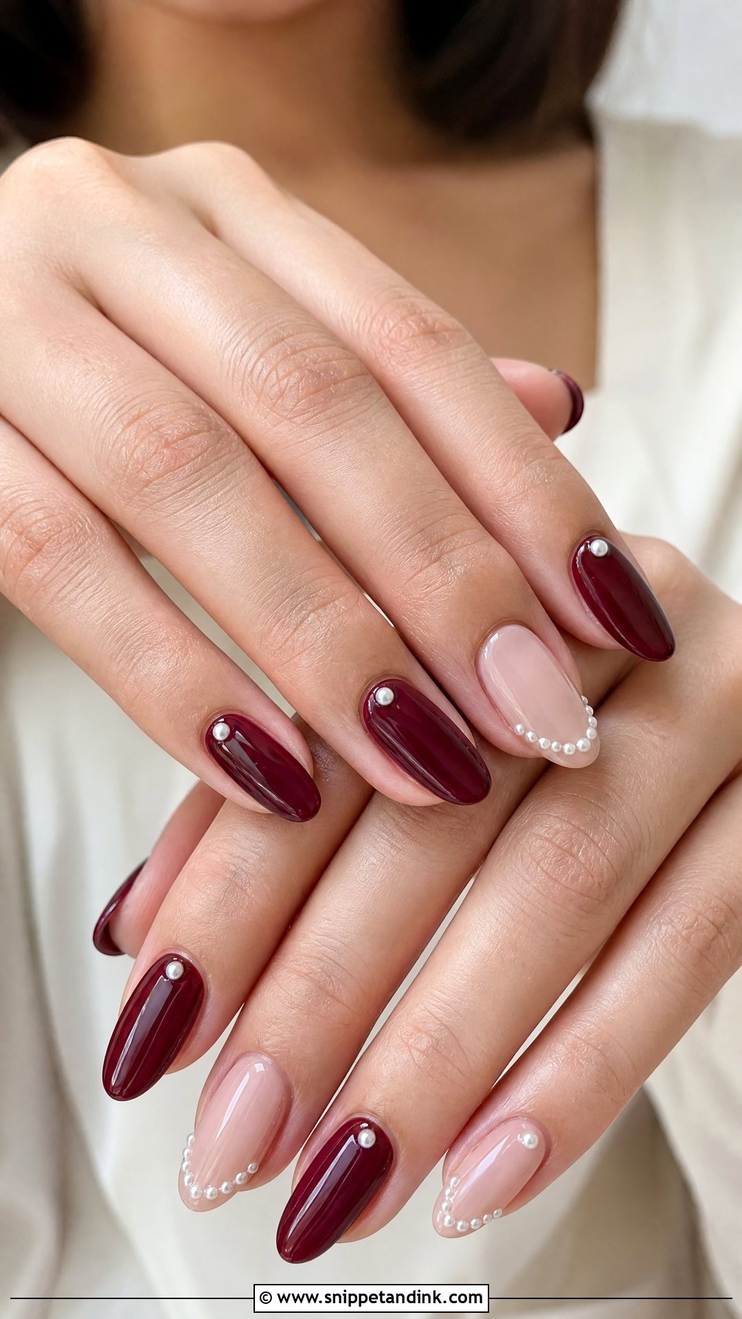 Burgundy Nails With Pearl Accents - Snippet and Ink - 25 Burgundy Wedding Nails