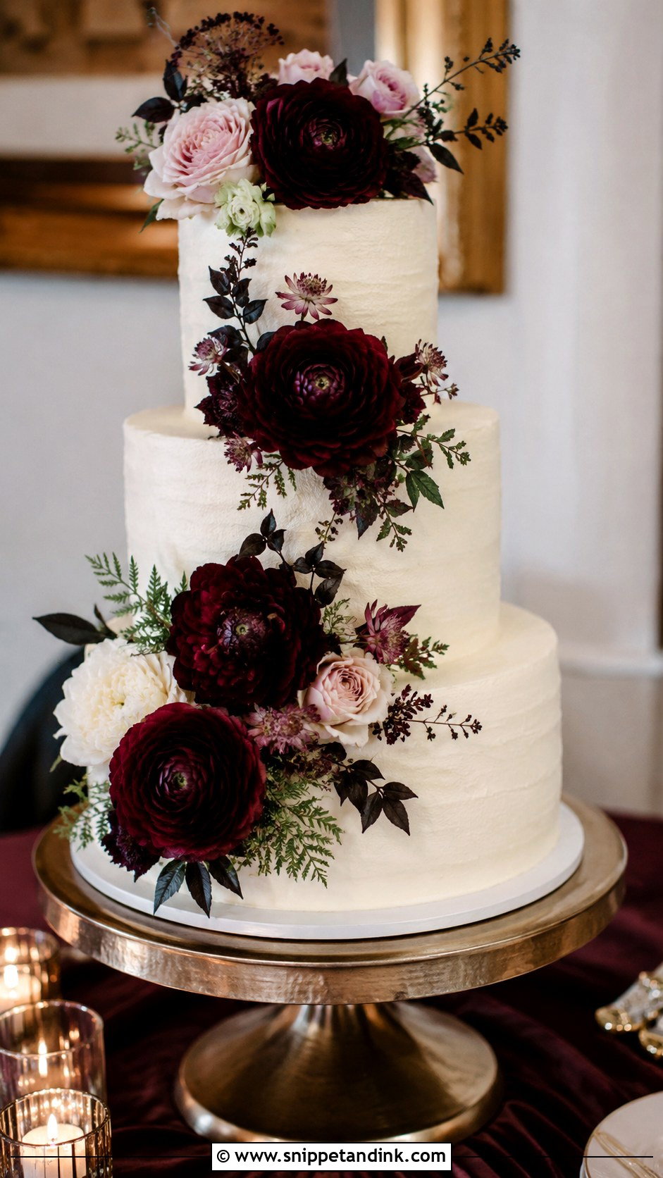 Burgundy Ranunculus Wedding Cake - Snippet and Ink - 25 Wedding Cake Ideas with Ranunculus