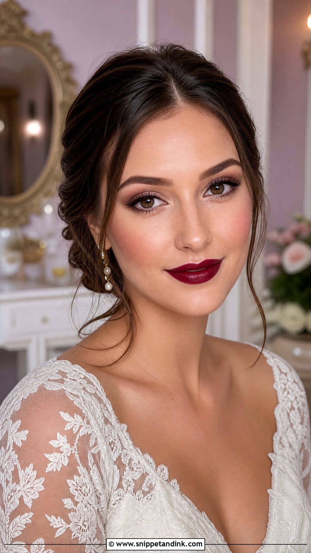 Burgundy Red Lip Bridal Makeup - Snippet and Ink - 20 Bride Red Lipstick Ideas