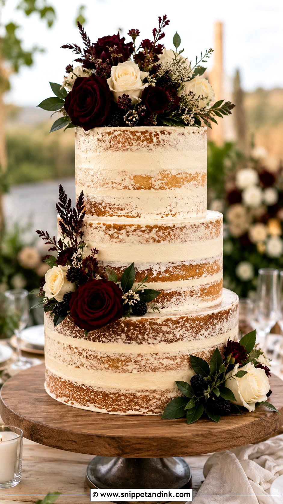 Burgundy Semi Naked Wedding Cake - Snippet and Ink - 20 Burgundy Wedding Cake Ideas