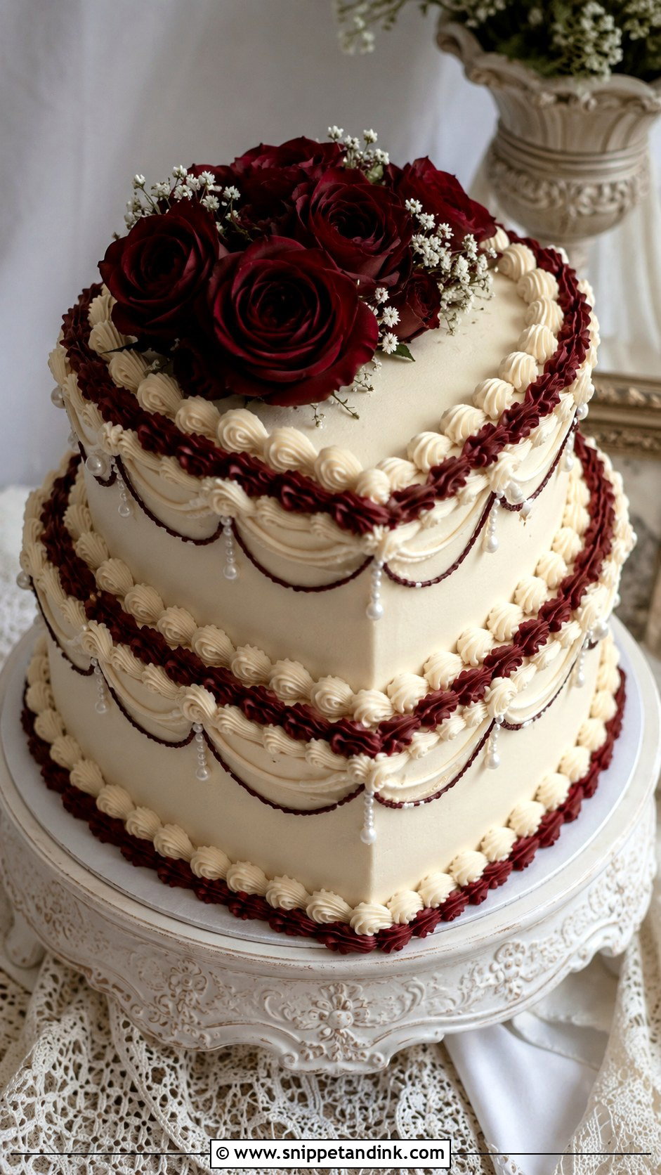 Burgundy Vintage Wedding Cake - Snippet and Ink - 20 Burgundy Wedding Cake Ideas