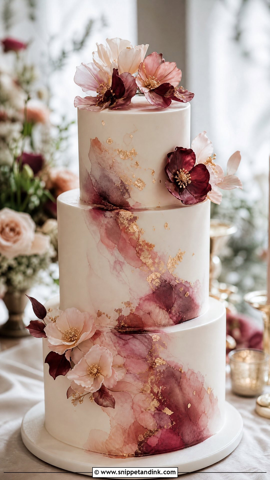 Burgundy Watercolor Wedding Cake - Snippet and Ink - 25 Wine Cake Designs for Wedding