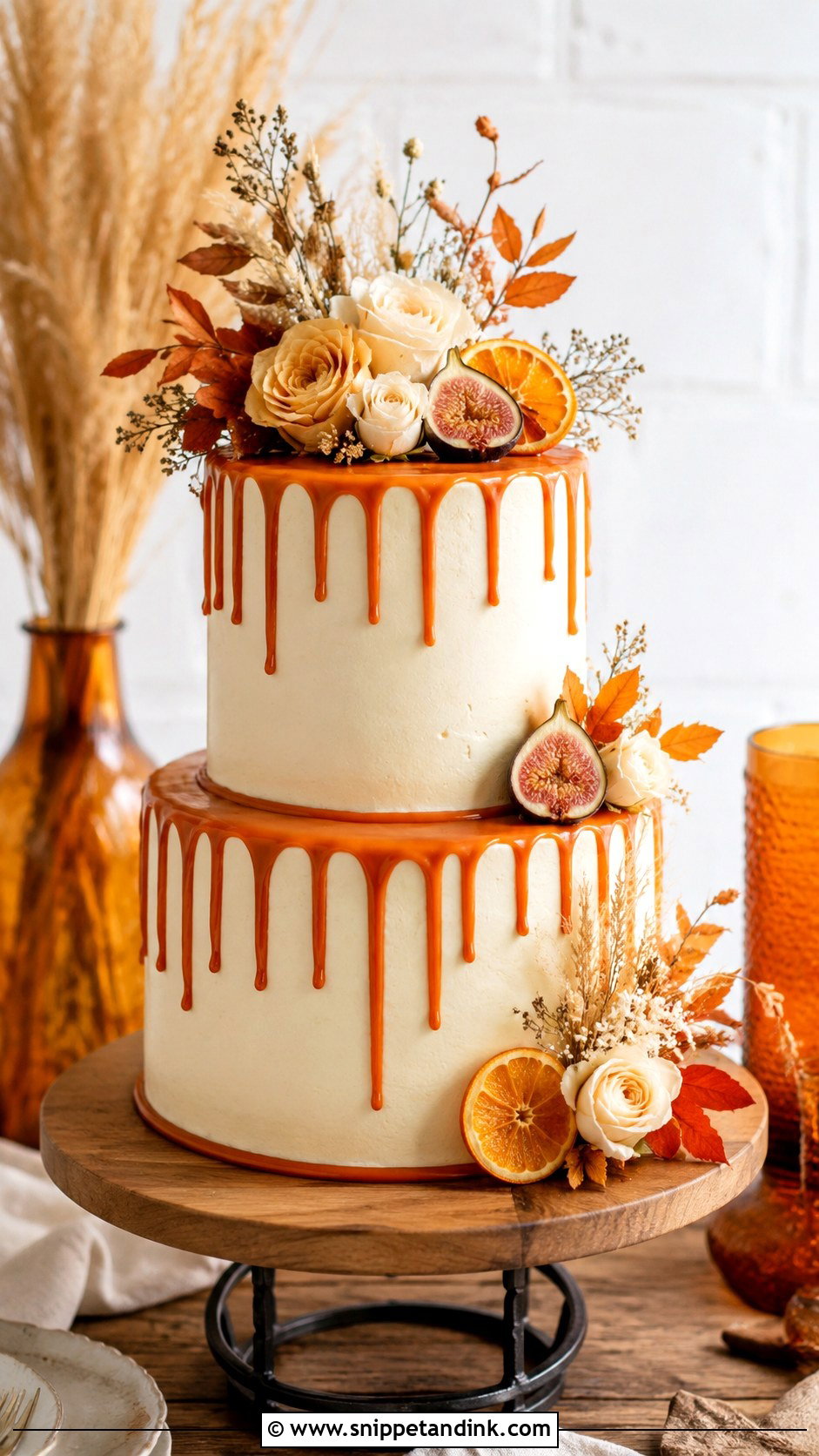 Burnt Orange Drip Wedding Cake - Snippet and Ink - 20 Rustic Orange Fall Wedding Cakes