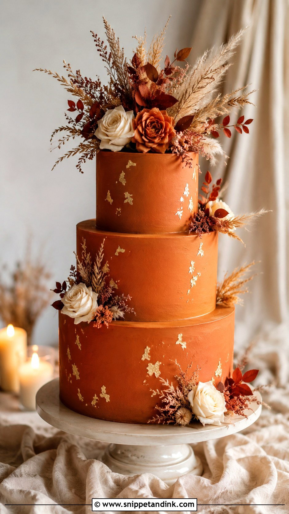 Burnt Orange Wedding Cake With Gold Leaf - Snippet and Ink - 20 Rustic Orange Fall Wedding Cakes