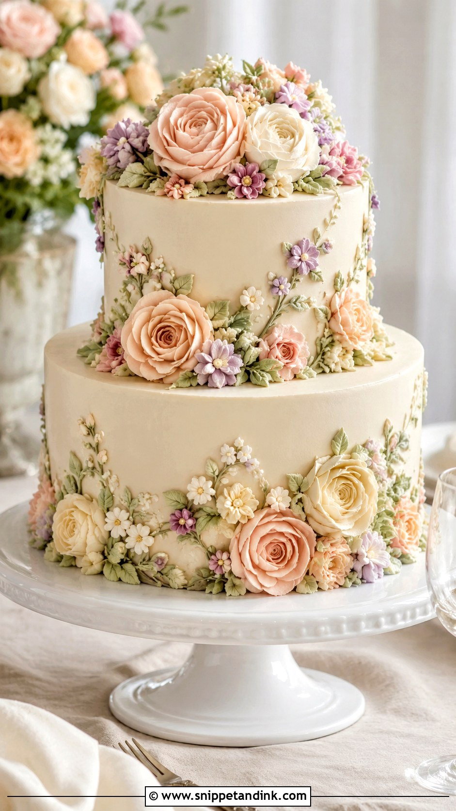 Buttercream Flower Wedding Cake - Snippet and Ink - 20 Wedding Cake Ideas with Pastel Flowers