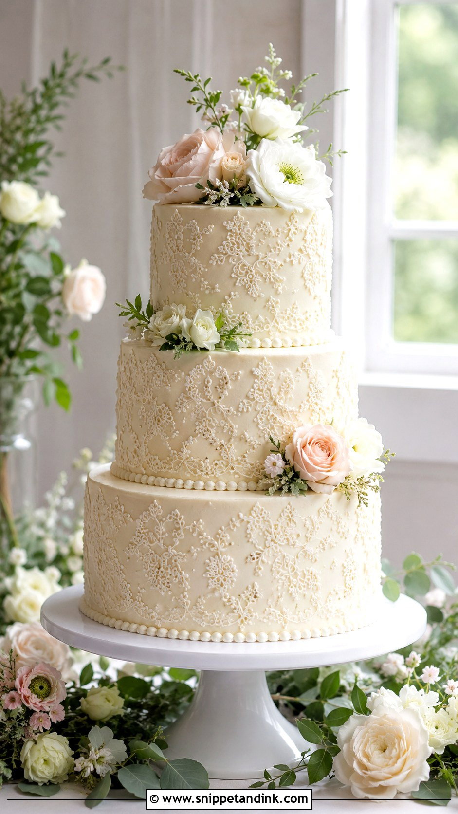 Buttercream Lace Wedding Cake With Fresh Flowers - Snippet and Ink - 25 Lace Wedding Cake Ideas with Flowers