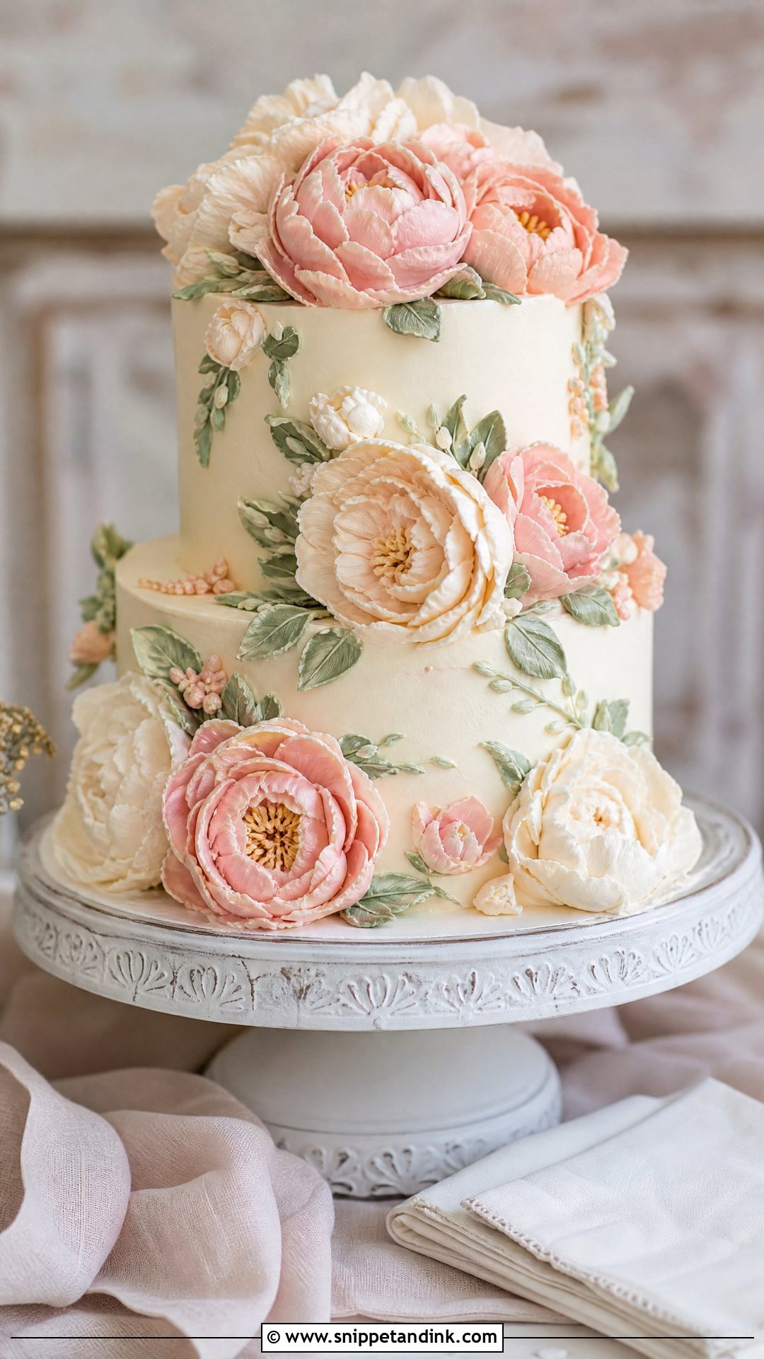 Buttercream Peony Wedding Cake - Snippet and Ink - 25 Peony Cake Ideas for Wedding