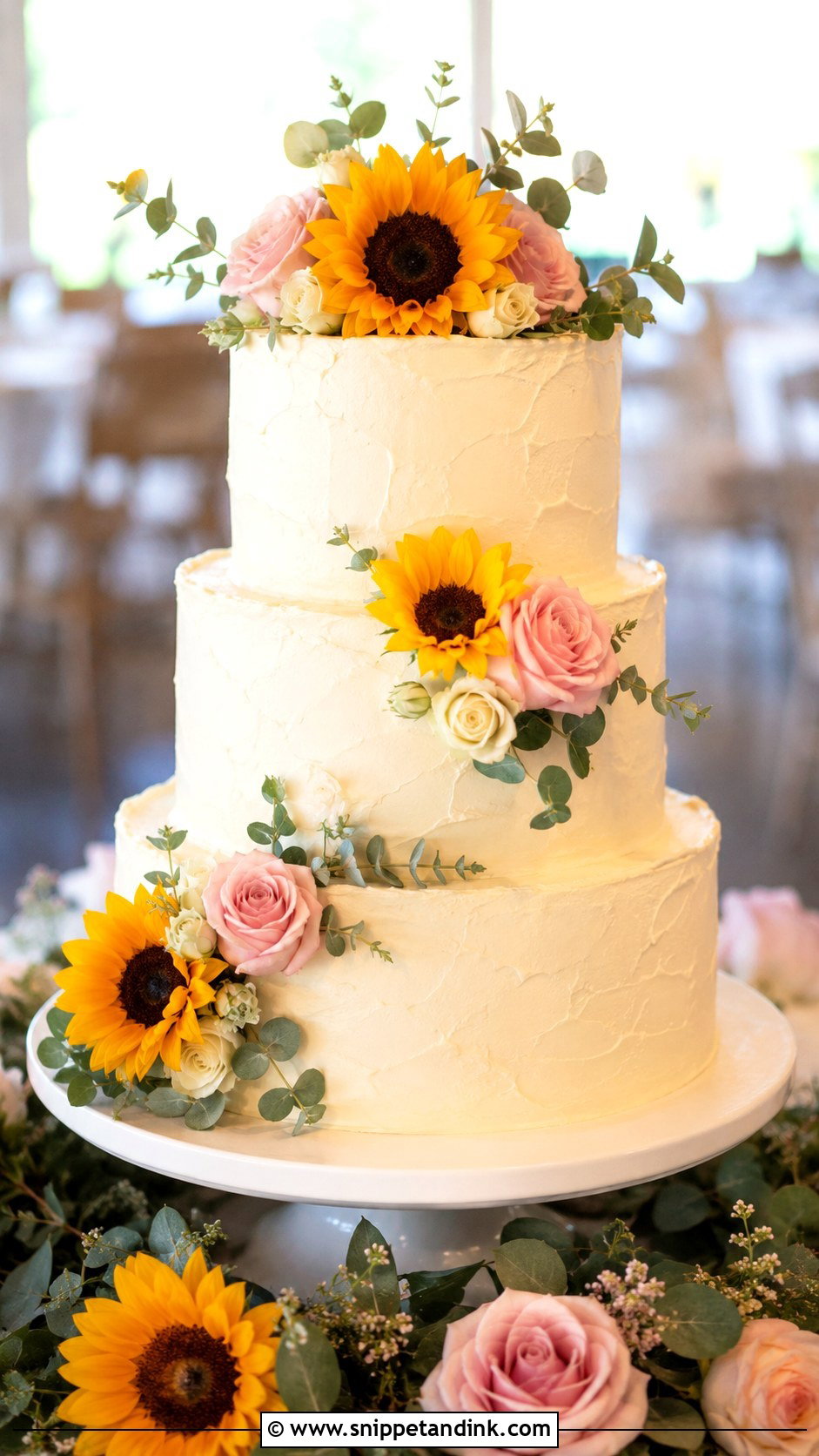 Buttercream Sunflower And Rose Wedding Cake - Snippet and Ink - 20 Sunflower and Rose Wedding Cake Ideas