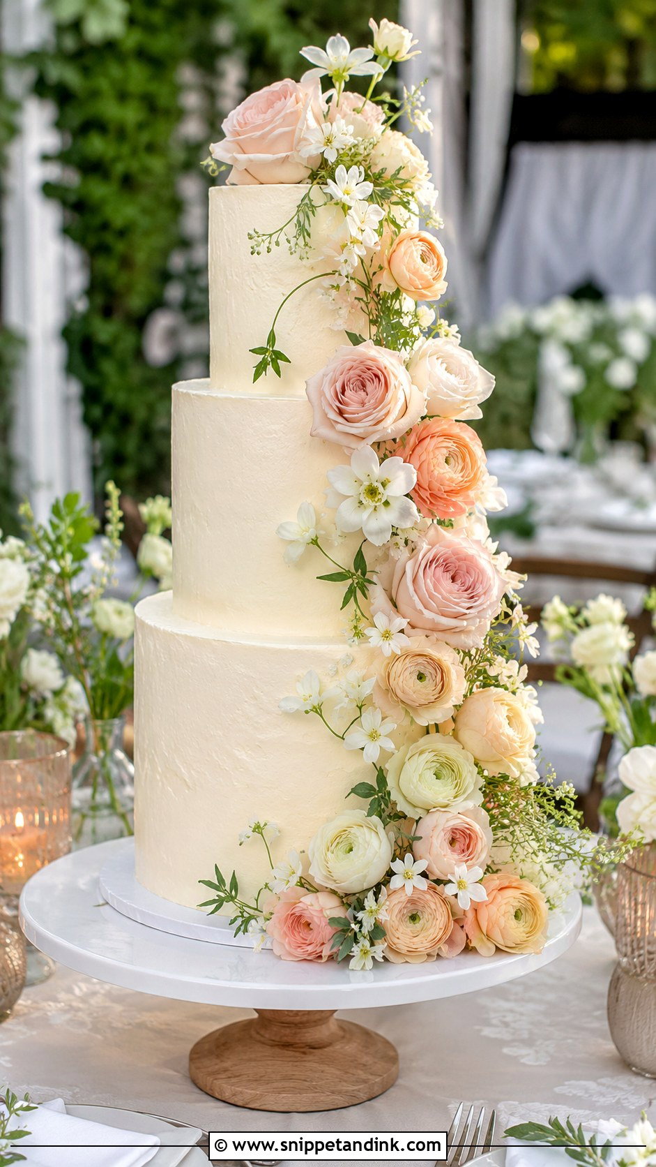 Buttercream Wedding Cake With Floral Cascade - Snippet and Ink - 20 Simple Buttercream Wedding Cake Designs