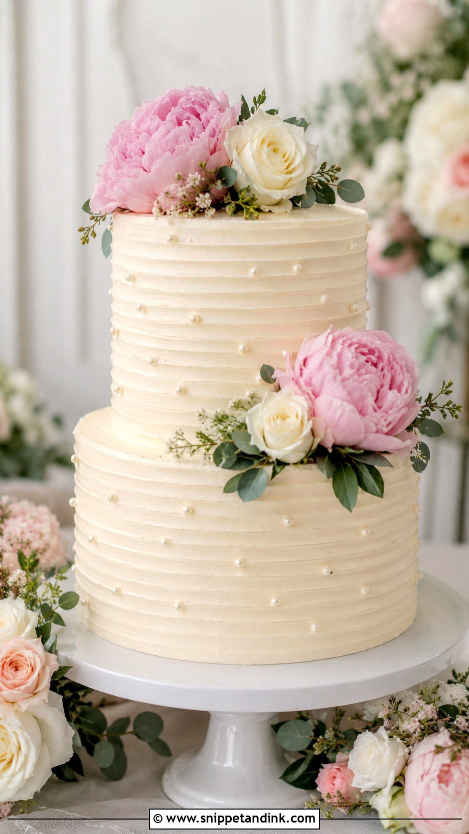 Buttercream Wedding Cake With Flowers And Pearls - Snippet and Ink - 30 Wedding Cake Ideas with Flowers and Pearls