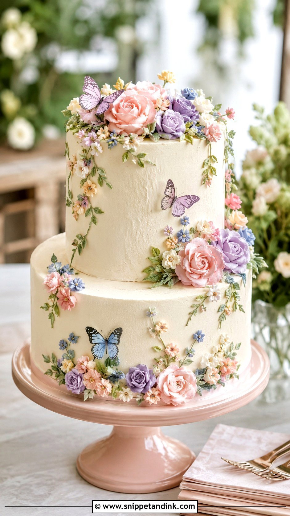 Butterfly Garden Wedding Cake With Buttercream Flowers - Snippet and Ink - 20 Butterfly Garden Cake Ideas for Wedding