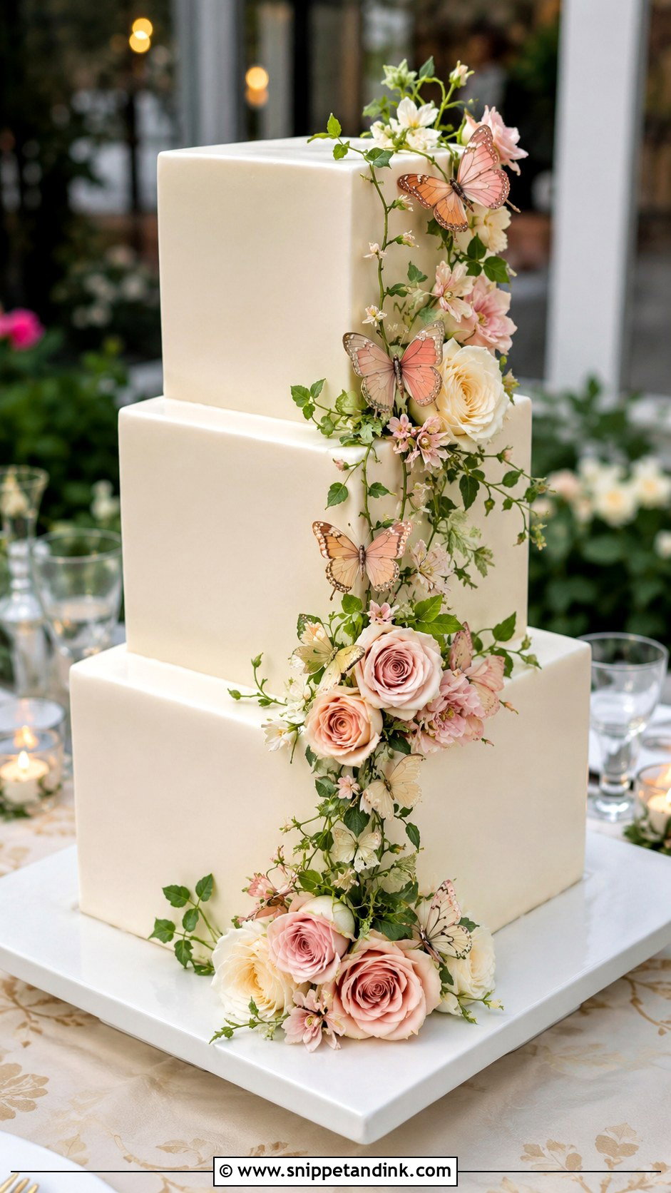 Butterfly Garden Wedding Cake With Gold Accents - Snippet and Ink - 20 Butterfly Garden Cake Ideas for Wedding