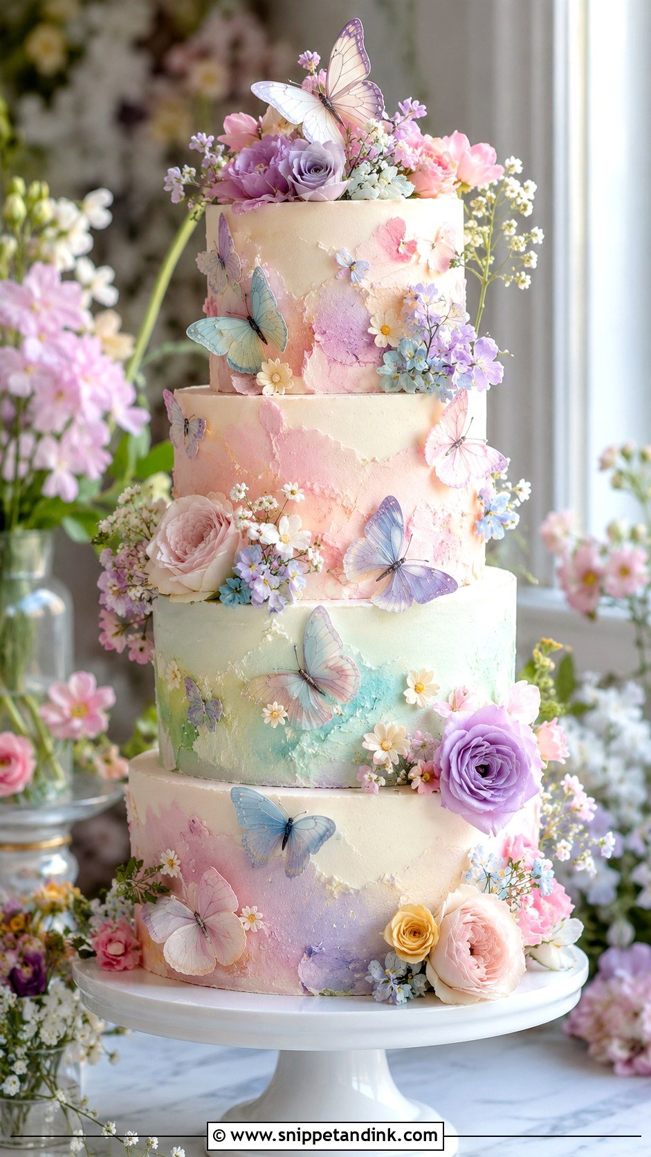 Butterfly Garden Wedding Cake With Pastel Colors - Snippet and Ink - 20 Butterfly Garden Cake Ideas for Wedding