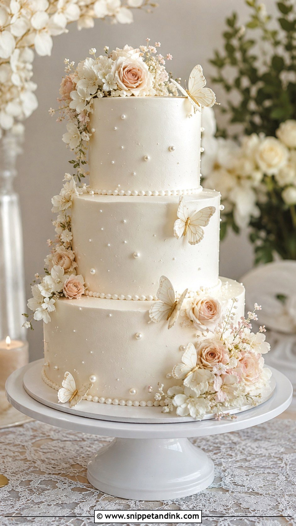 Butterfly Garden Wedding Cake With Pearl Details - Snippet and Ink - 20 Butterfly Garden Cake Ideas for Wedding