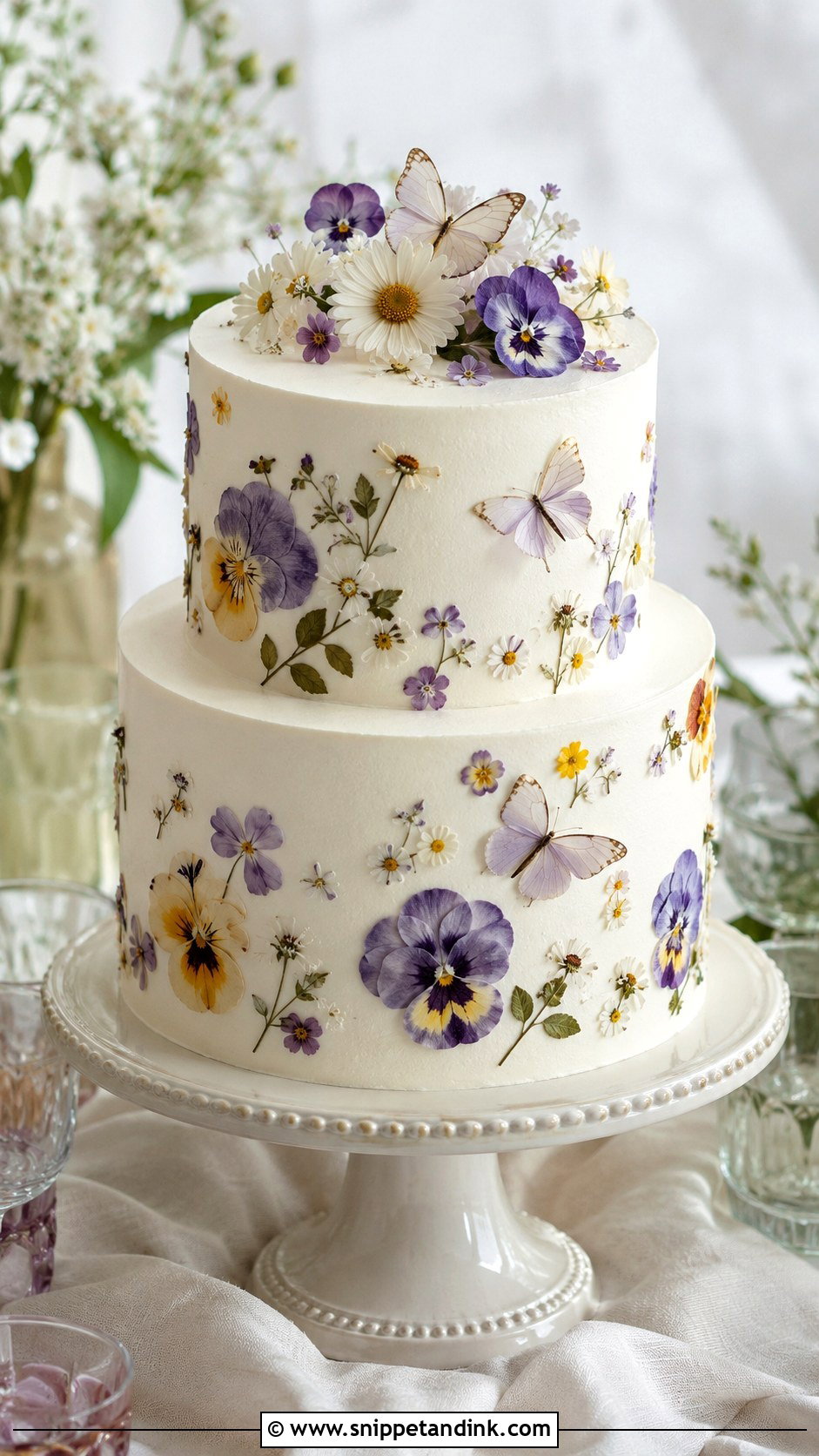 Butterfly Garden Wedding Cake With Pressed Flowers - Snippet and Ink - 20 Butterfly Garden Cake Ideas for Wedding