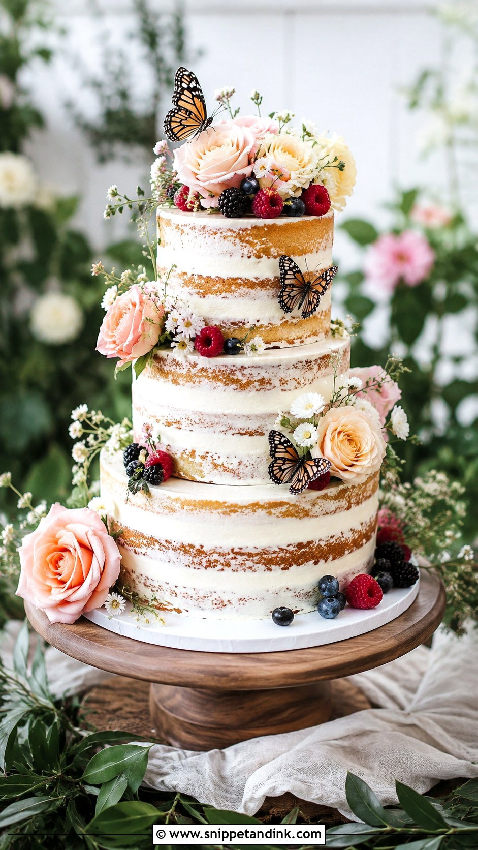 Butterfly Garden Wedding Cake With Semi Naked Frosting - Snippet and Ink - 20 Butterfly Garden Cake Ideas for Wedding