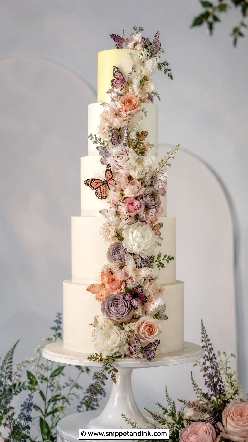Butterfly Garden Wedding Cake With Tall Tiers - Snippet and Ink - 20 Butterfly Garden Cake Ideas for Wedding