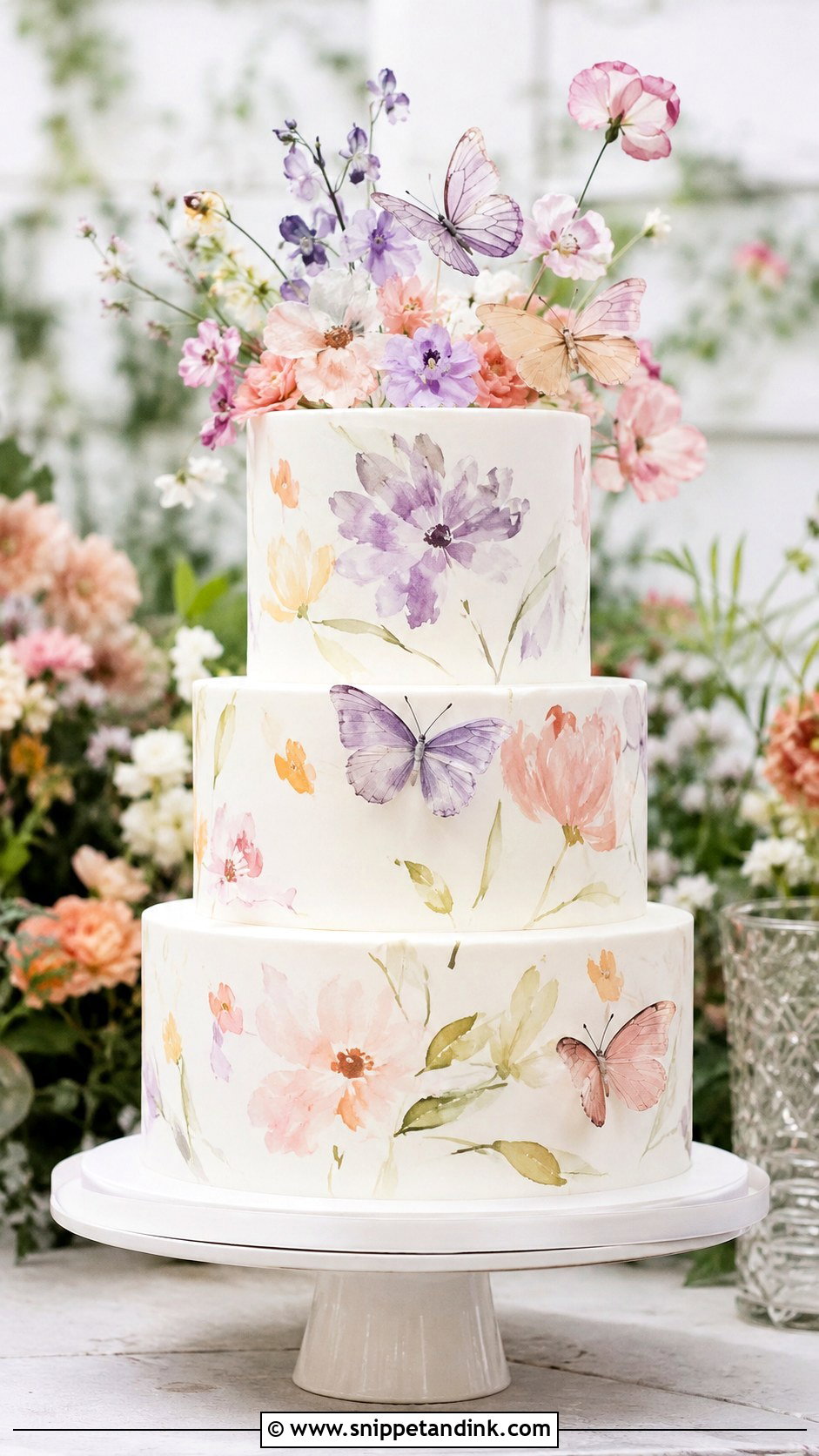 Butterfly Garden Wedding Cake With Watercolor Flowers - Snippet and Ink - 20 Butterfly Garden Cake Ideas for Wedding