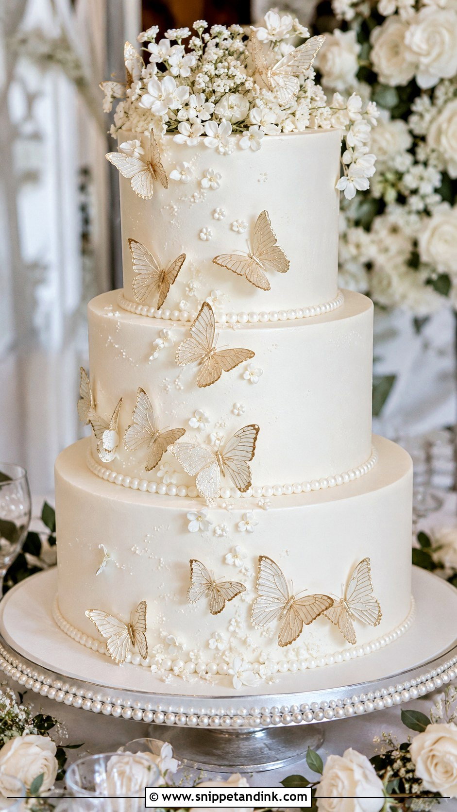 Butterfly Wedding Cake With Pearl Details - Snippet and Ink - 20 Cake Ideas with Butterfly Decorations for Wedding
