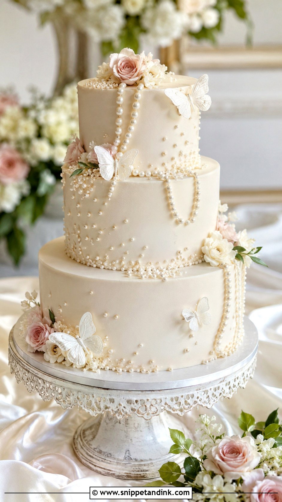 Butterfly Wedding Cake With Pearl Details - Snippet and Ink - 20 Butterfly Cake Ideas for Wedding