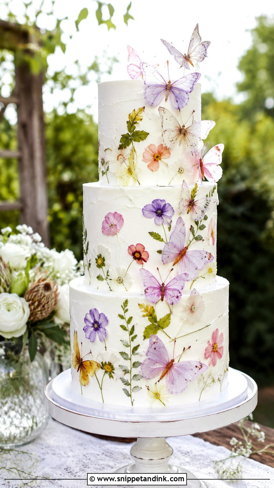 Butterfly Wedding Cake With Pressed Flowers - Snippet and Ink - 20 Cake Ideas with Butterfly Decorations for Wedding