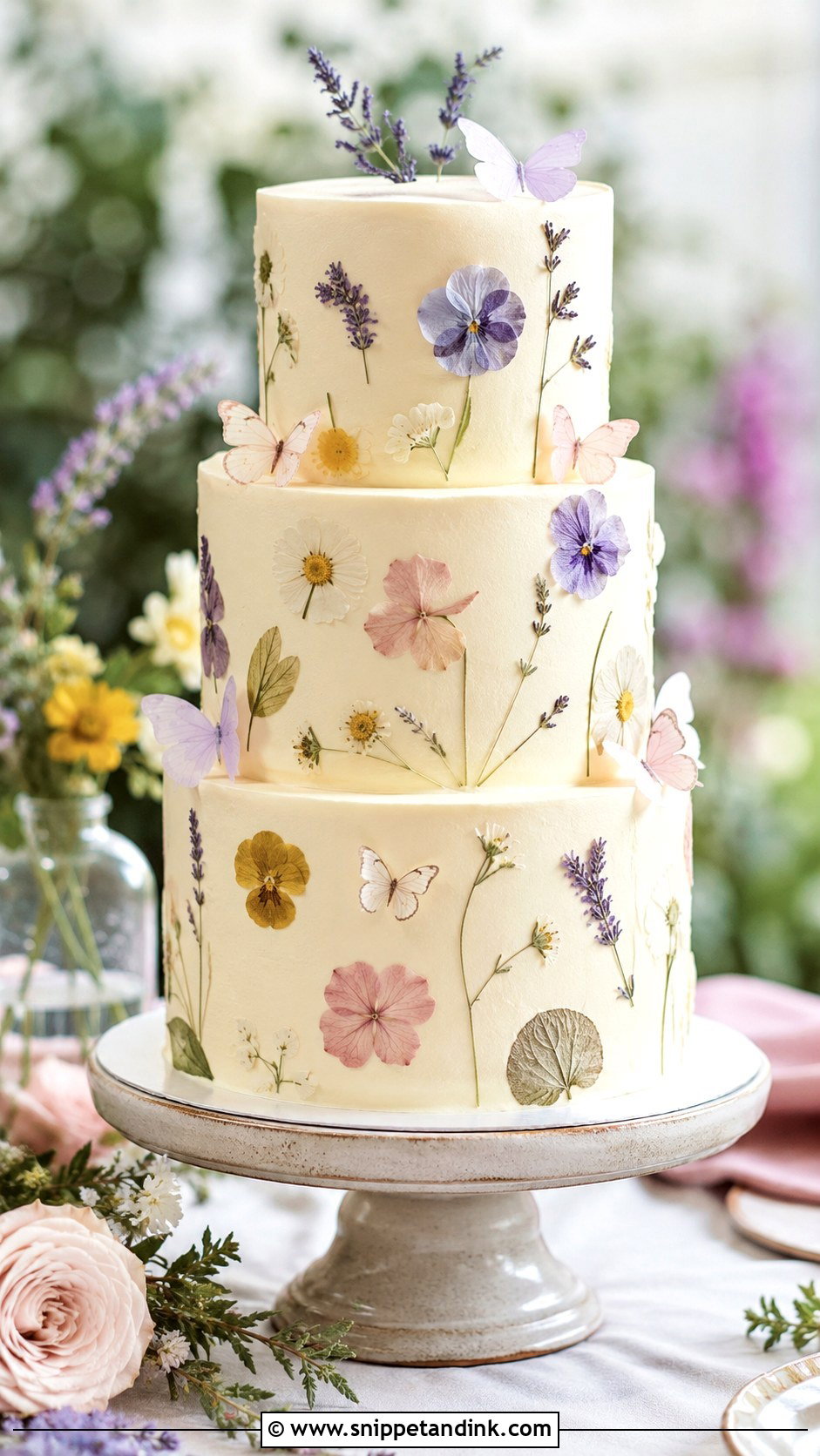 Butterfly Wedding Cake With Pressed Flowers - Snippet and Ink - 20 Butterfly Cake Ideas for Wedding
