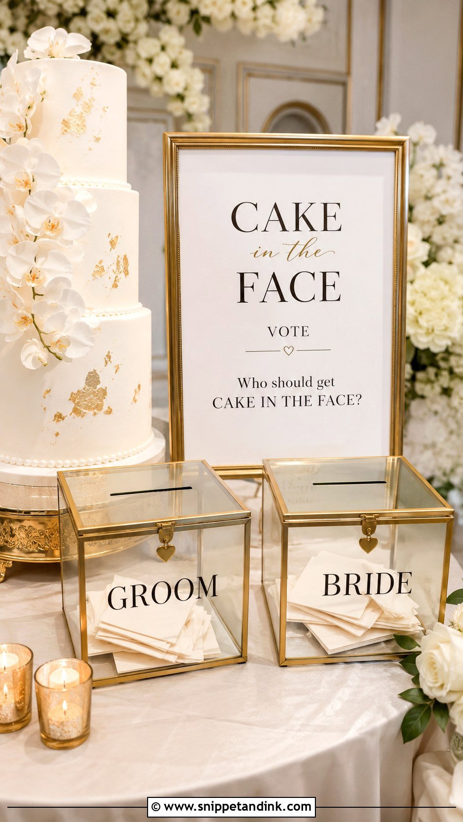 Cake In The Face Wedding Sign With Glass Vote Boxes - Snippet and Ink - 25 Cake in the Face Wedding Sign