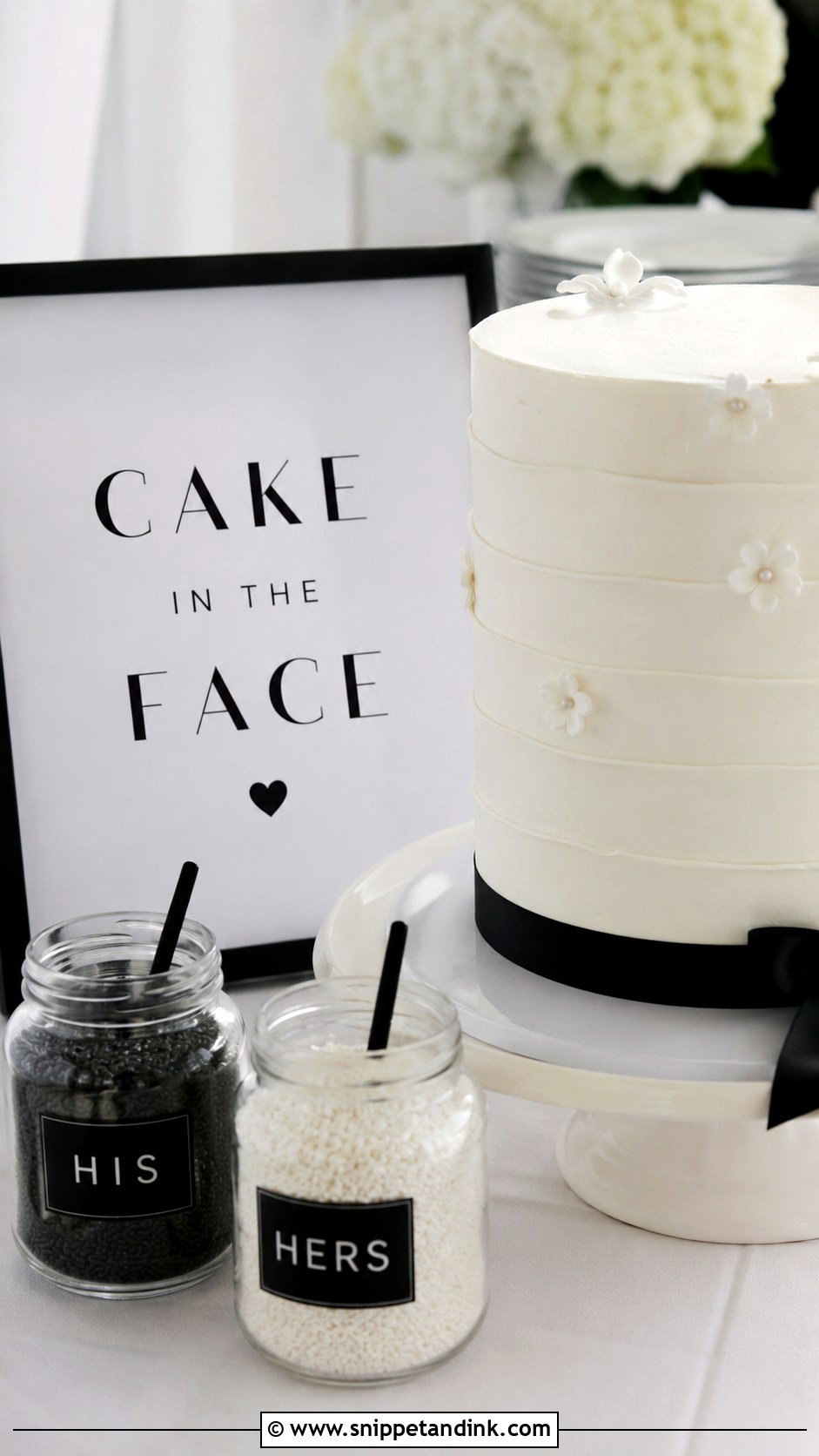 Cake In The Face Wedding Sign With Minimal Black And White Text - Snippet and Ink - 25 Cake in the Face Wedding Sign
