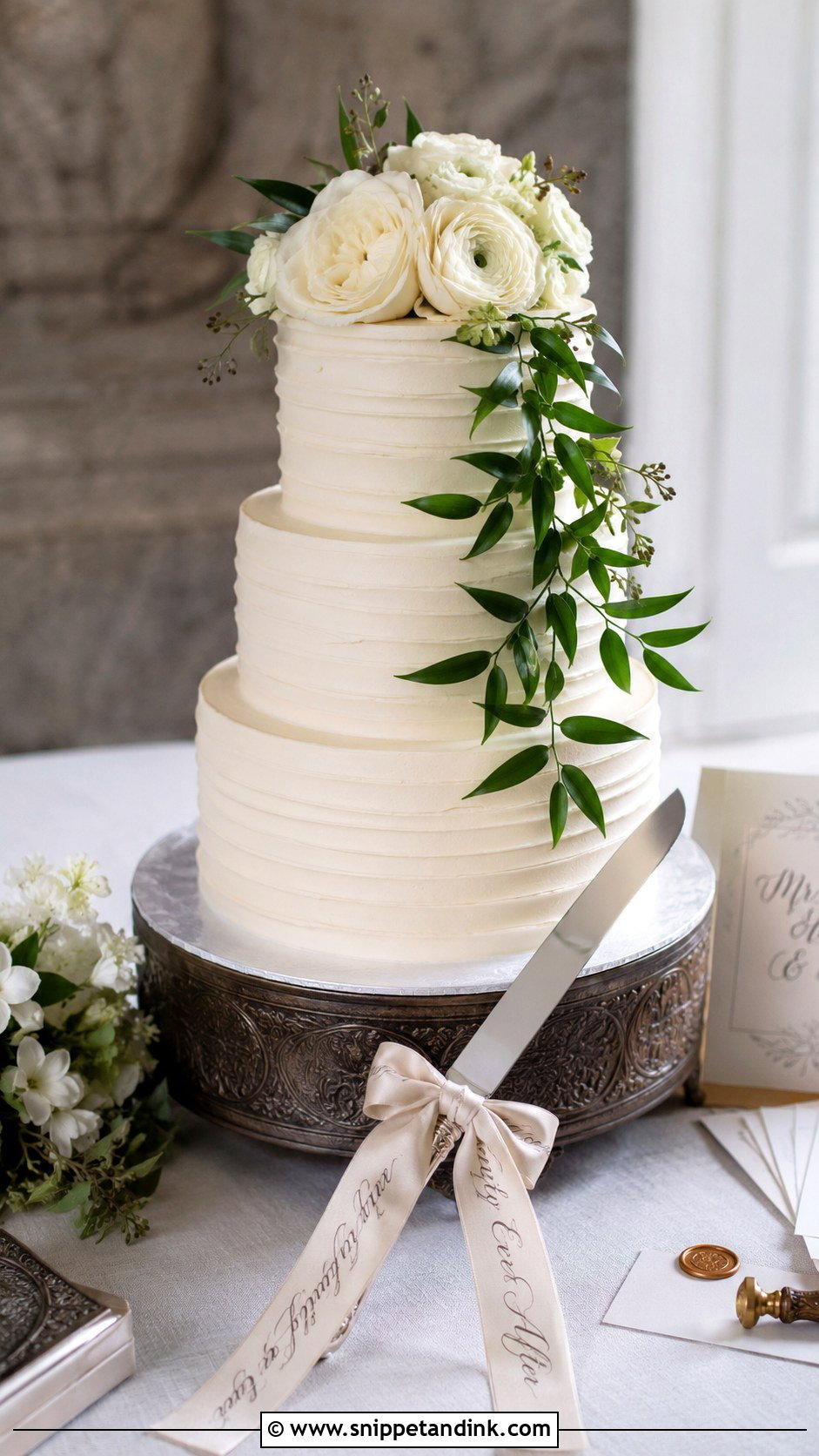 Calligraphy Ribbon Wedding Cake Knife With Elegant Cake - Snippet and Ink - 30 Wedding Cake Knife Decoration Ideas