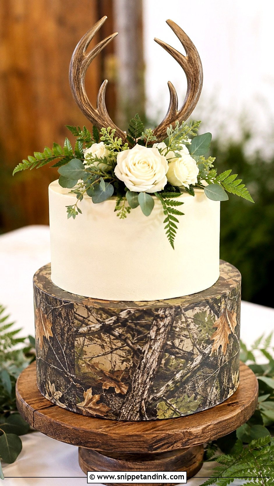 Camo Wedding Cake With Antler Topper - Snippet and Ink - 20 Camo Wedding Cake Ideas