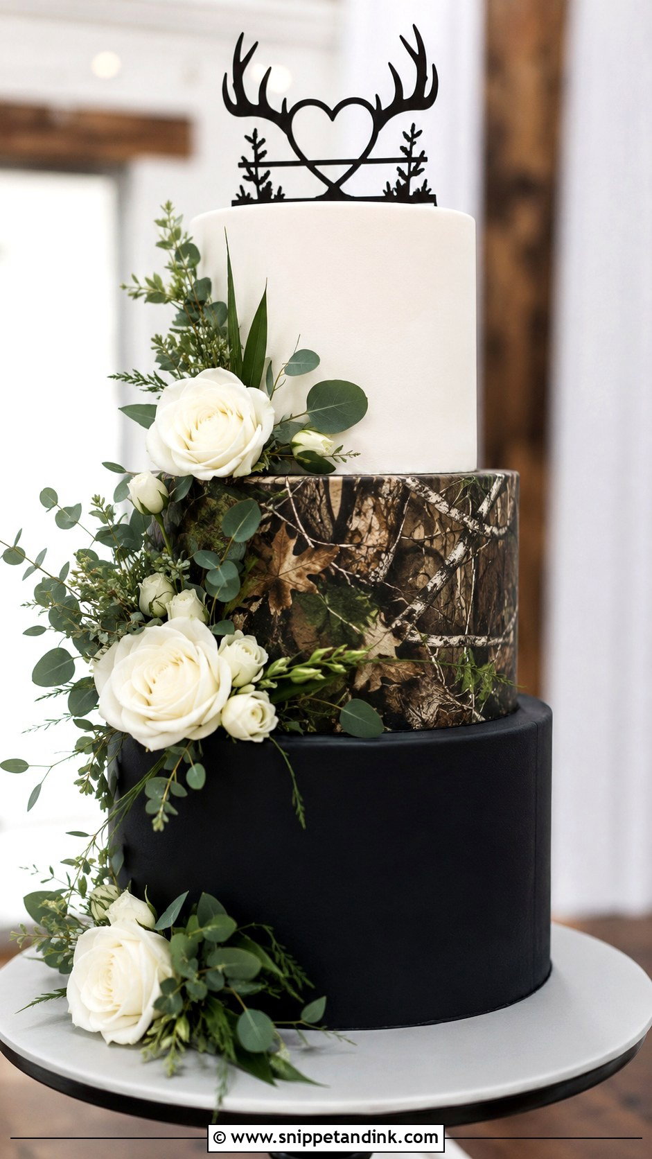 Camo Wedding Cake With Black And White Tiers - Snippet and Ink - 20 Camo Wedding Cake Ideas