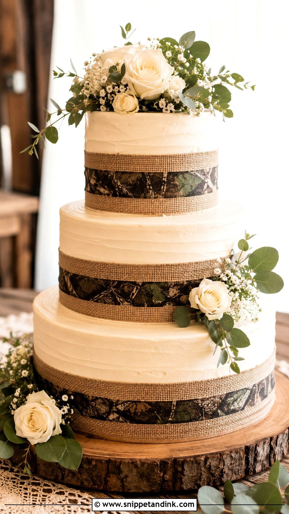 Camo Wedding Cake With Burlap Ribbon - Snippet and Ink - 20 Camo Wedding Cake Ideas