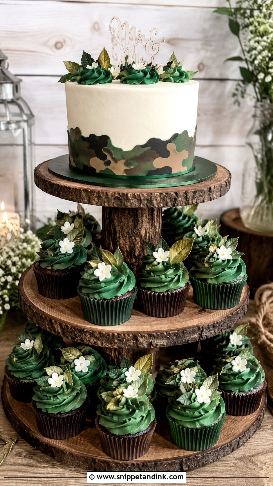 Camo Wedding Cake With Cupcake Display - Snippet and Ink - 20 Camo Wedding Cake Ideas