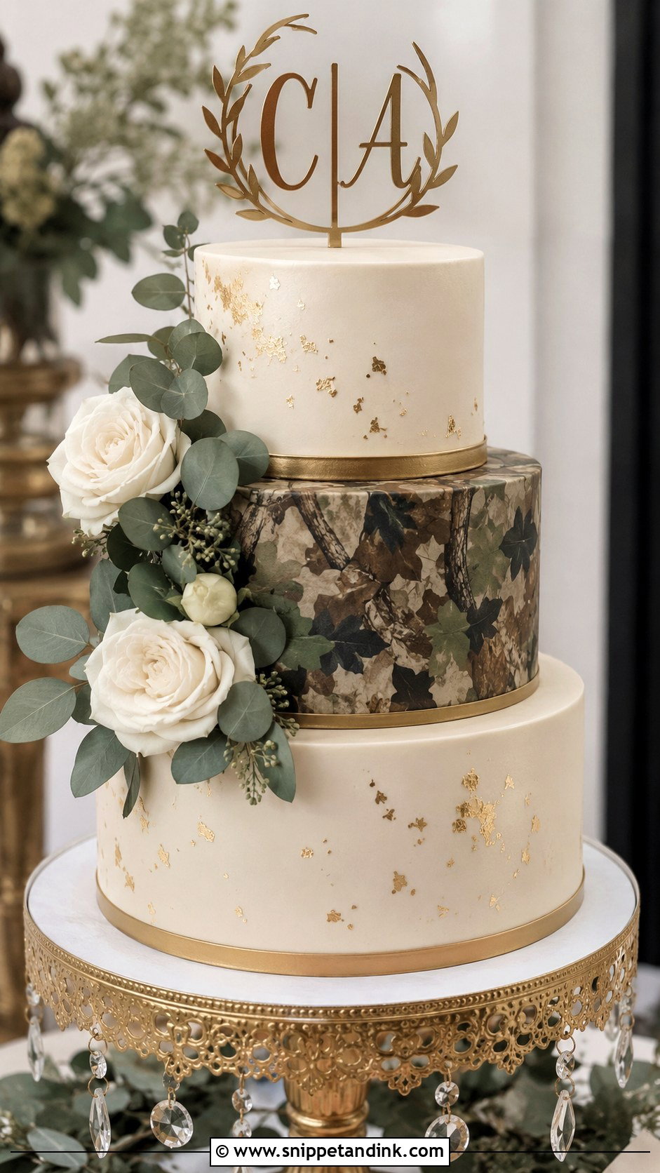 Camo Wedding Cake With Gold Accent - Snippet and Ink - 20 Camo Wedding Cake Ideas