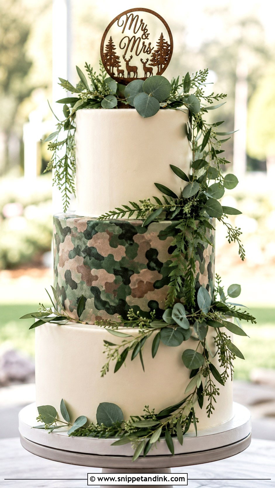 Camo Wedding Cake With Greenery - Snippet and Ink - 20 Camo Wedding Cake Ideas