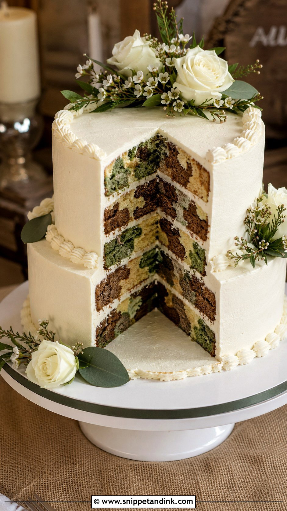 Camo Wedding Cake With Hidden Camo Layers - Snippet and Ink - 20 Camo Wedding Cake Ideas