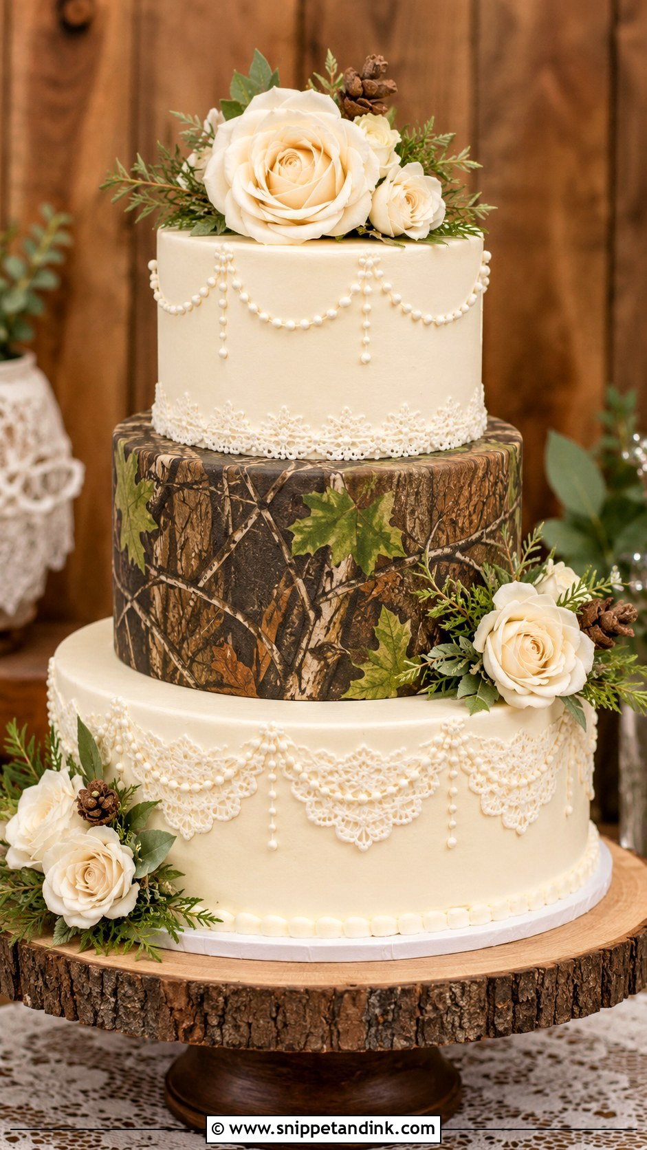 Camo Wedding Cake With Lace Detail - Snippet and Ink - 20 Camo Wedding Cake Ideas
