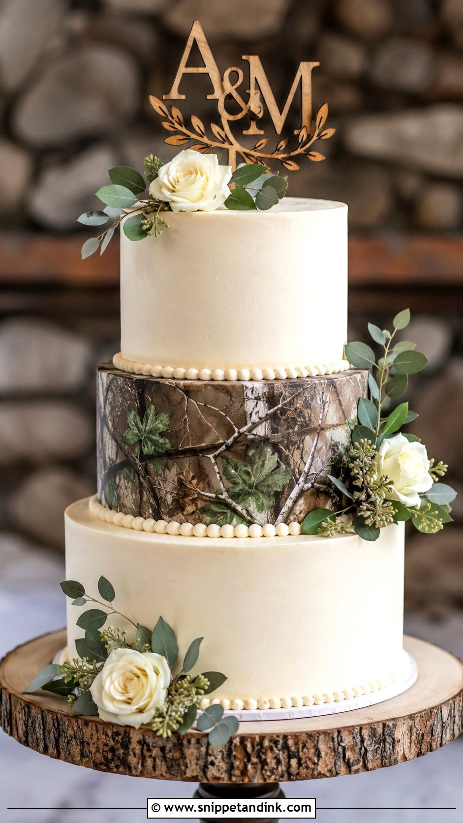 Camo Wedding Cake With Monogram Topper - Snippet and Ink - 20 Camo Wedding Cake Ideas