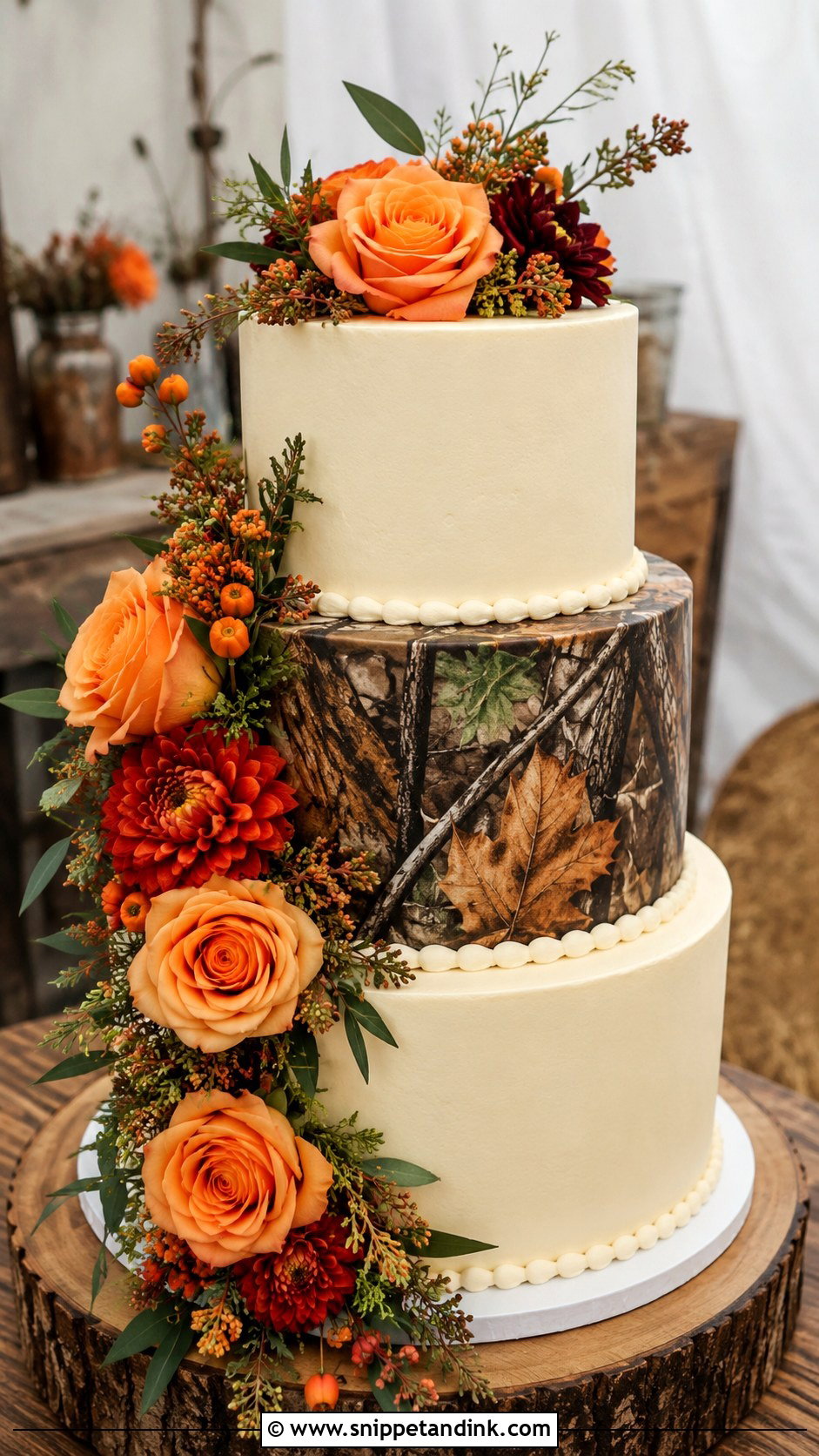 Camo Wedding Cake With Orange Flowers - Snippet and Ink - 20 Camo Wedding Cake Ideas
