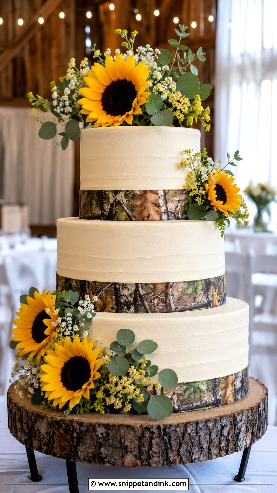 Camo Wedding Cake With Sunflower Accent - Snippet and Ink - 20 Camo Wedding Cake Ideas
