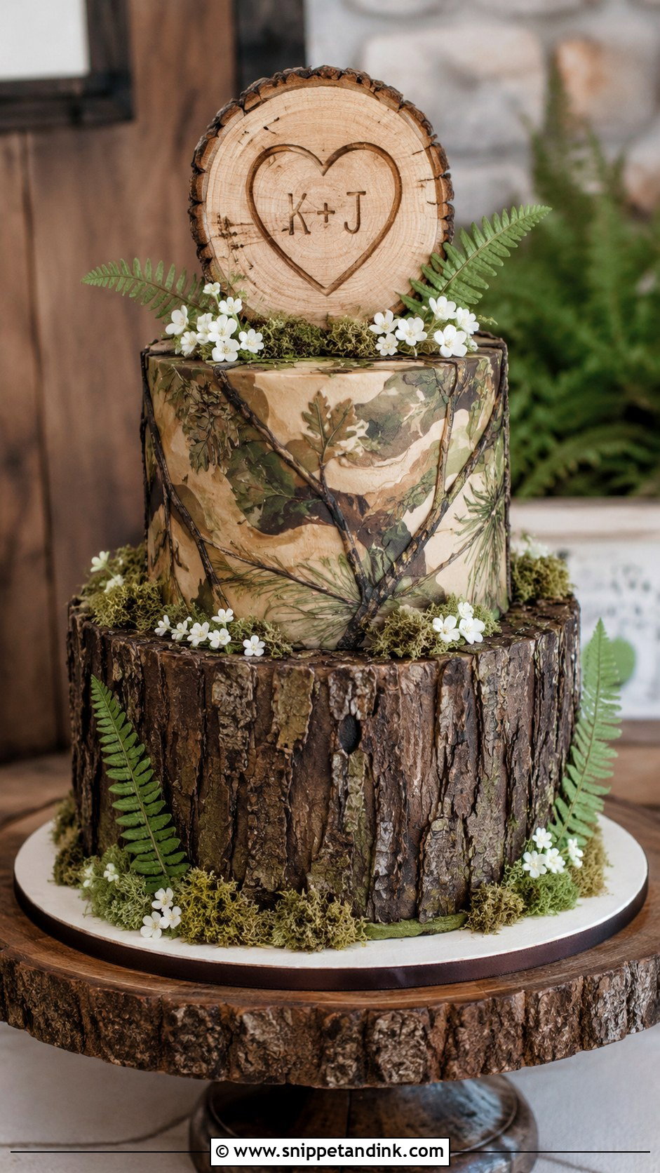 Camo Wedding Cake With Tree Bark Texture - Snippet and Ink - 20 Camo Wedding Cake Ideas