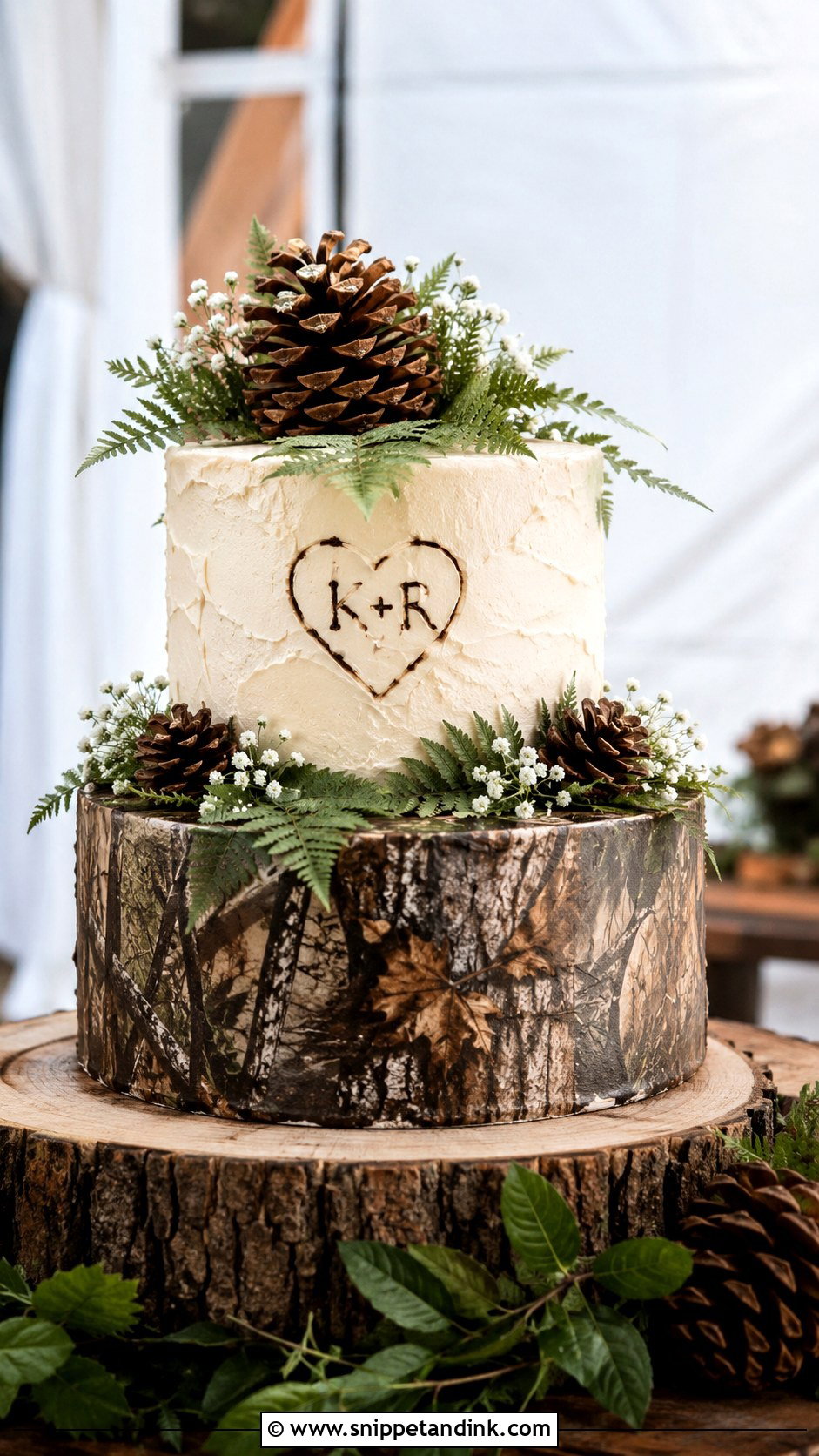Camo Wedding Cake With Wood Slice Base - Snippet and Ink - 20 Camo Wedding Cake Ideas
