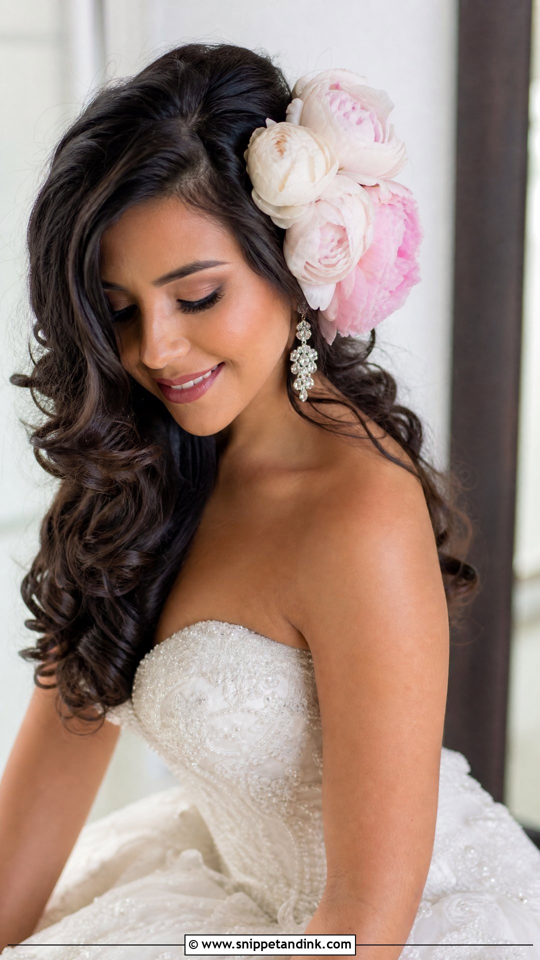 Cascading Curls With Peonies - Snippet and Ink - 20 Wedding Hair Down with Flowers