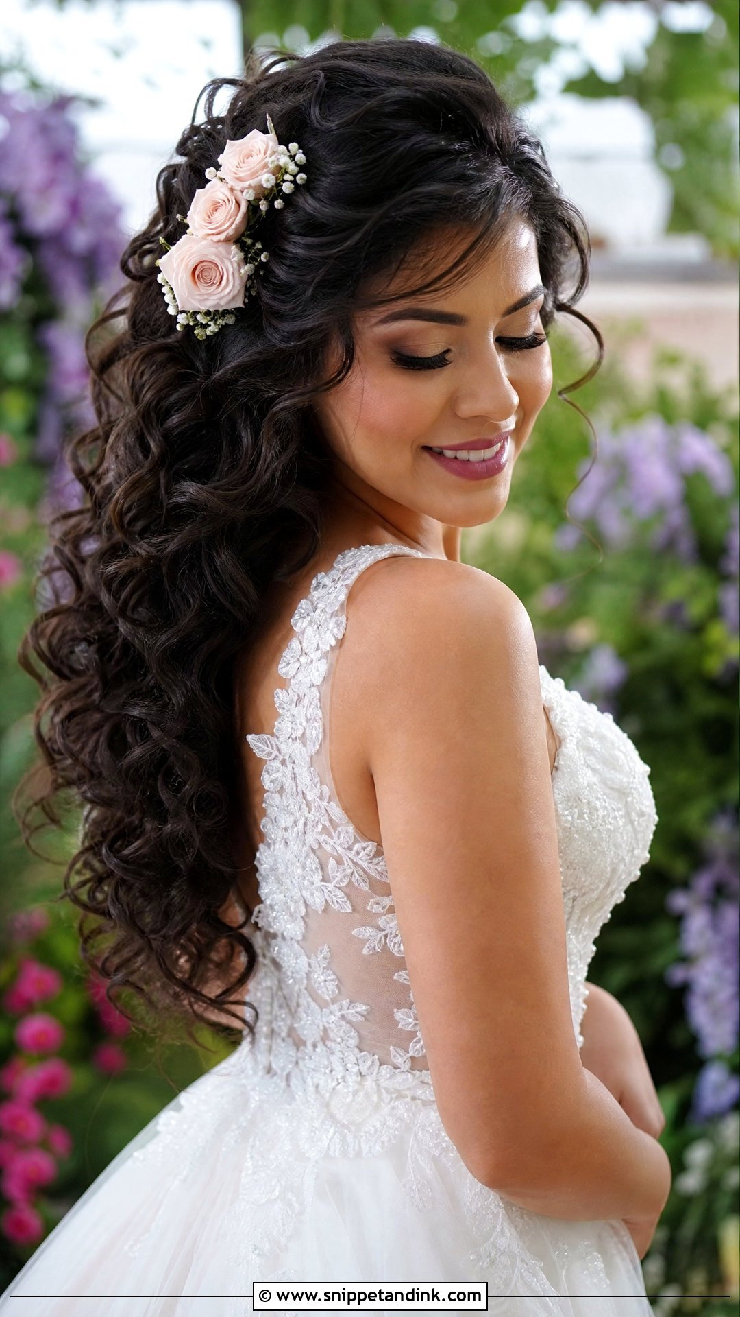 Cascading Curls With Rose Accents - Snippet and Ink - 20 Bridal Hairstyles with Flowers