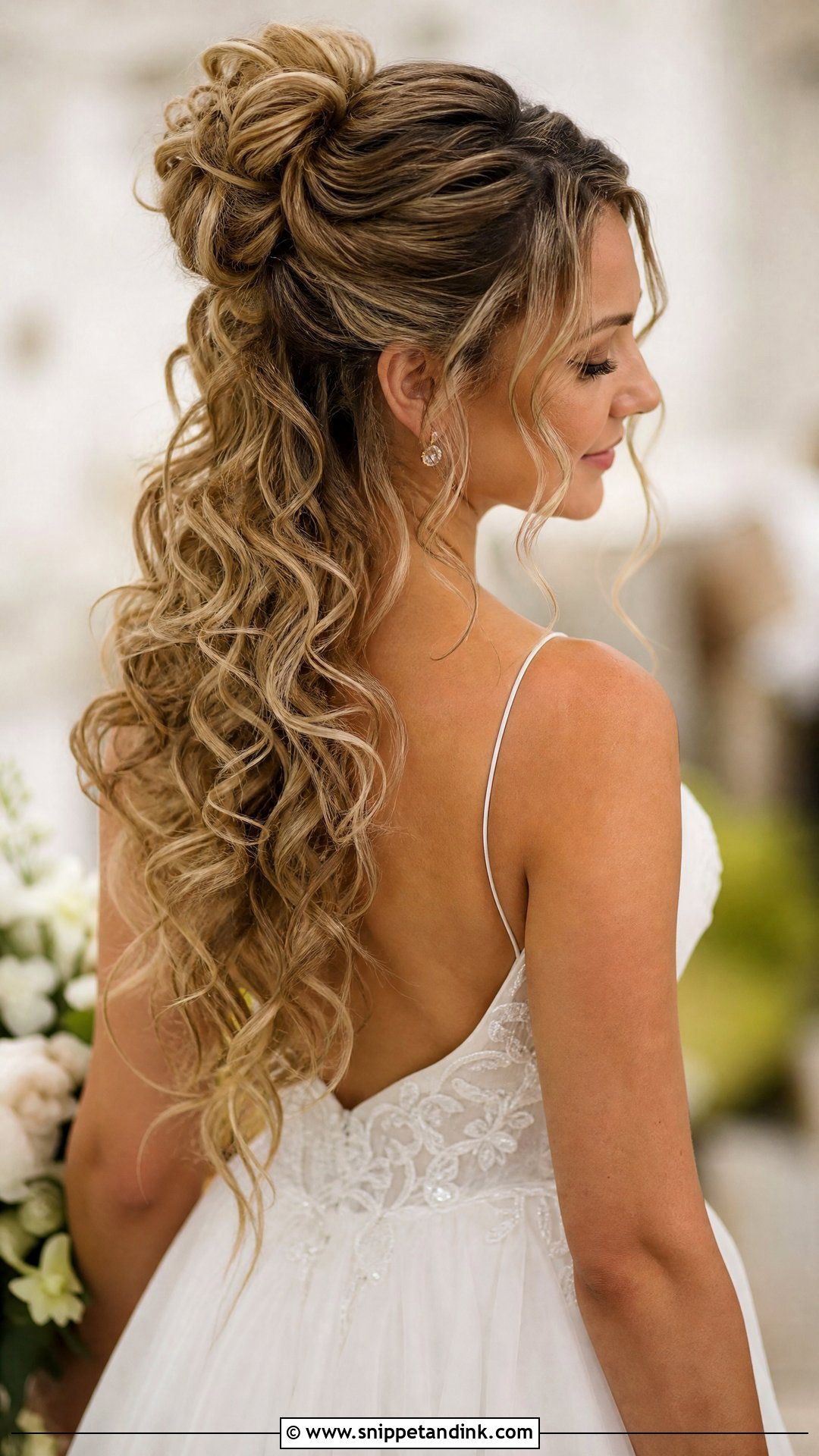 Cascading Curls With a Half Up Bun - Snippet and Ink - 20 Curly Hair Half-Up Half-Down Wedding Ideas