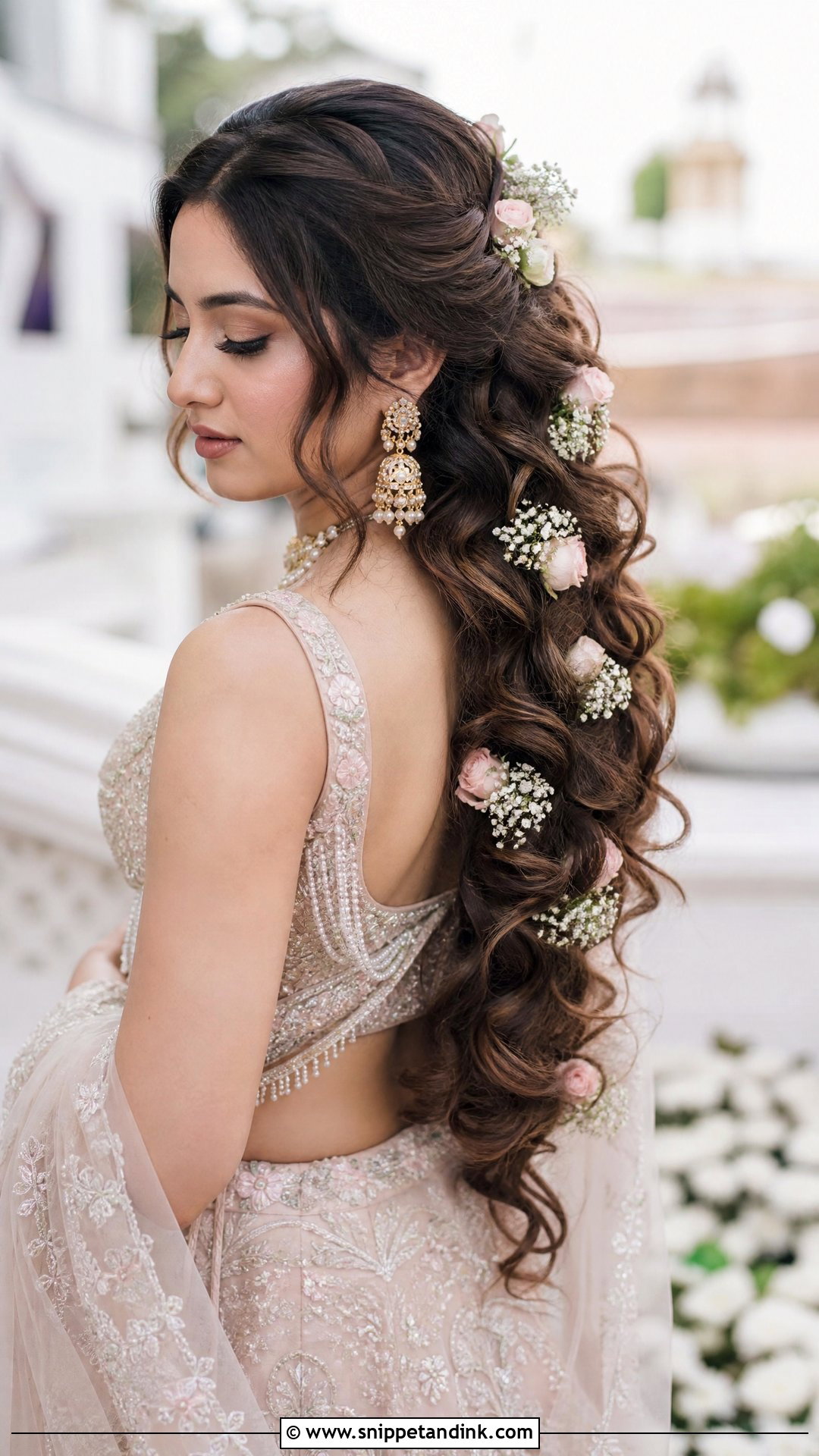 Cascading Floral Waterfall Curls - Snippet and Ink - 20 Desi Wedding Hairstyles for Long Hair