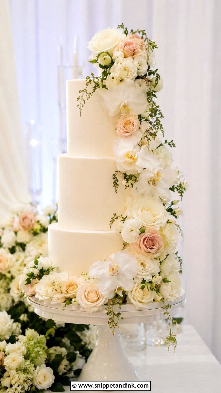 Cascading Flower Wedding Cake - Snippet and Ink - 20 Flowers Around Cake Ideas for Wedding