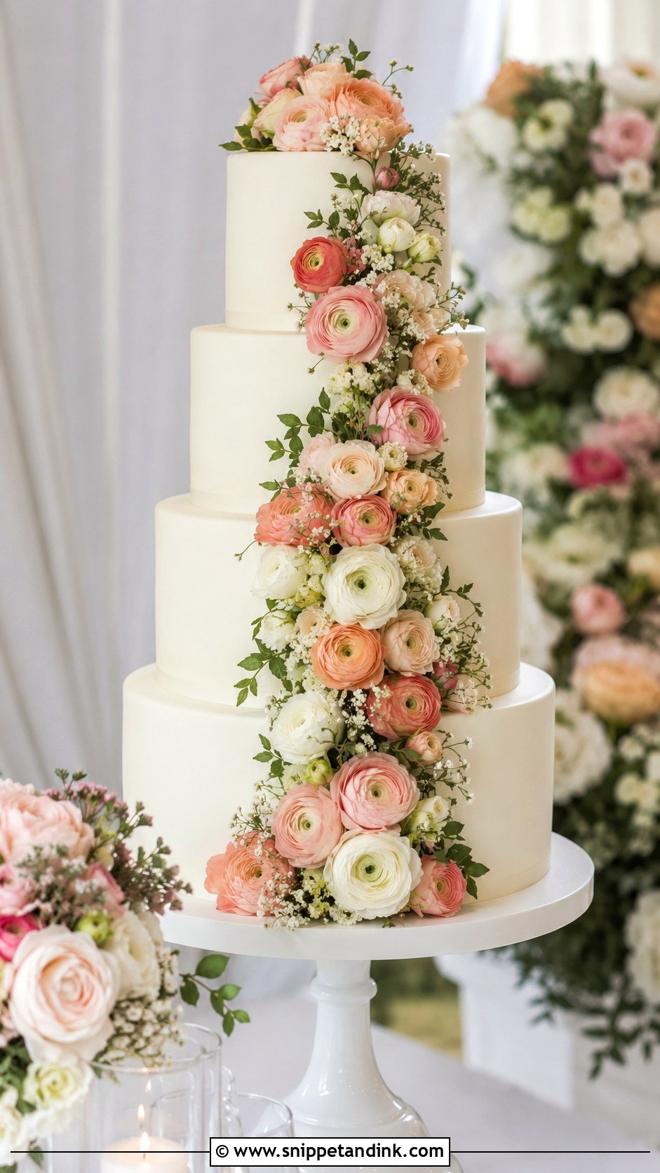 Cascading Ranunculus Wedding Cake - Snippet and Ink - 25 Wedding Cake Ideas with Ranunculus